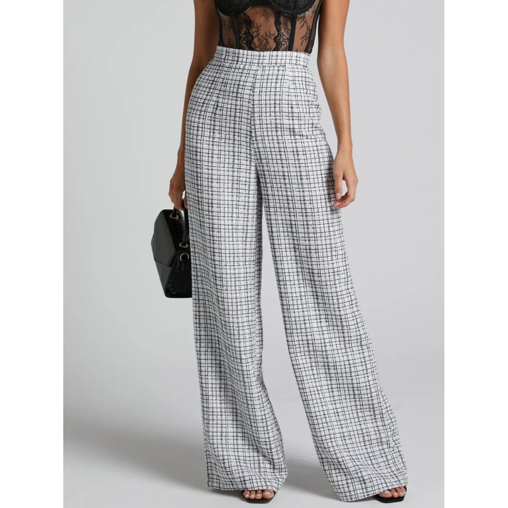 Showpo Icie Tweed Wide Leg Pants White Black Women's 4 High Waist Lined Glam NWT